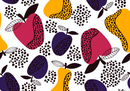 Cartoon fruit harvest seamless apples and pears and plums pattern for wrapping paper and fabrics and linens and packaging and kids clothes print and kitchen textiles. high quality illustrationの写真素材
