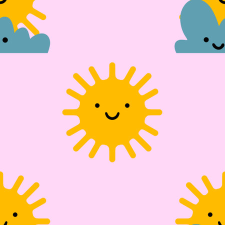 Cartoon weather seamless doodle sun pattern for wrapping paper and kids clothes print and fabrics and lines and packaging and kindergarten. high quality illustrationの写真素材