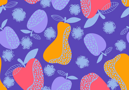 Cartoon fruit harvest seamless apples and pears and plums pattern for wrapping paper and fabrics and linens and packaging and kids clothes print and kitchen textiles. high quality illustrationの写真素材