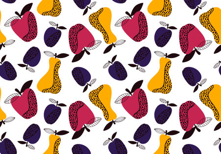 Cartoon fruit harvest seamless apples and pears and plums pattern for wrapping paper and fabrics and...