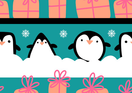 Winter animals seamless penguin cartoon kawaii Christmas fish pattern for wrapping paper and kids clothes print and fabrics and linens and Noel packaging. high quality illustrationの写真素材