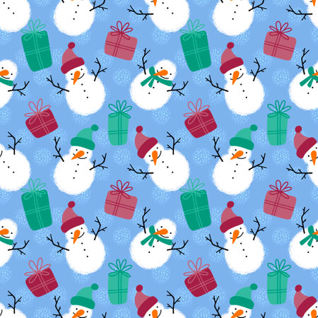 Winter seamless snowman and snowflakes pattern for Christmas wrapping paper and kids notebooks and accessories and fabrics. high quality illustrationの写真素材