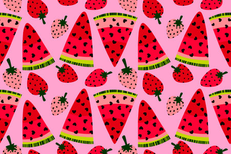 Summer cartoon kawaii fruit seamless strawberry and watermelon slices with hearts pattern for...