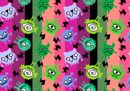 Cartoon doodle monsters seamless aliens and animals pattern for wrapping paper and fabrics and kids clothes print and linens and packaging. high quality illustrationの写真素材