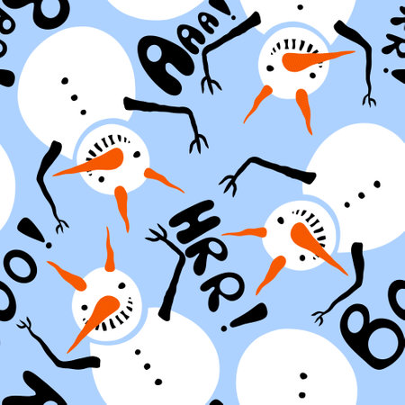 Cartoon winter scary snowman seamless ice angry pattern for wrapping paper and fabrics and linens and Christmas and new year packaging and Noel gift box. high quality illustrationの写真素材