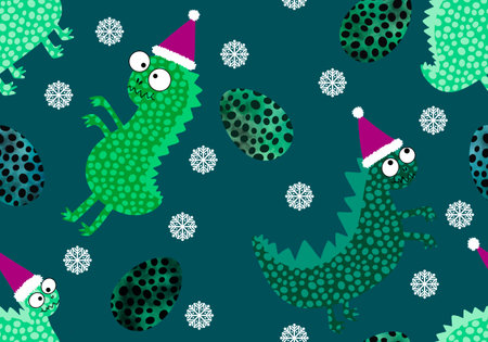 Winter Santa hat seamless animals dinosaur dragon pattern for Christmas and new year and wrapping paper and kids clothes print and festive packaging and Noel gift box. high quality illustrationの写真素材