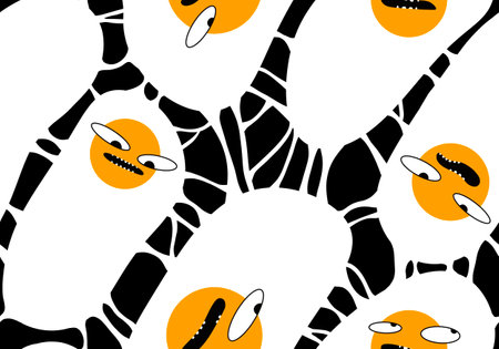 Cartoon breakfast food seamless scrambled eggs omelette pattern for kitchen textiles and kids clothes print and wrapping paper and menu and fabrics and restaurant packaging. high quality illustrationの写真素材