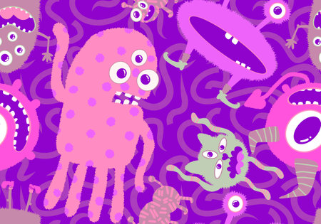 Cartoon doodle monsters seamless aliens and animals pattern for wrapping paper and fabrics and kids...