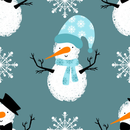 Winter seamless snowman and snowflakes pattern for Christmas wrapping paper and kids notebooks and...