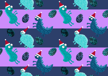 Winter Santa hat seamless animals dinosaur dragon pattern for Christmas and new year and wrapping paper and kids clothes print and festive packaging and Noel gift box. high quality illustrationの写真素材