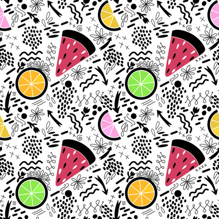 Abstract markers and fruit seamless watermelon and lemon pattern for wrapping paper and kids clothes...