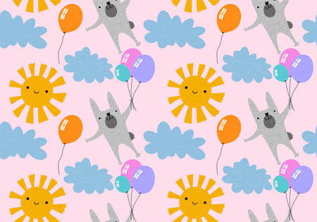 Festive animals seamless rabbit bunnies and sun and clouds and balloons pattern for wrapping paper and kids clothes print and fabrics and linens and birthday packaging. high quality illustrationの写真素材