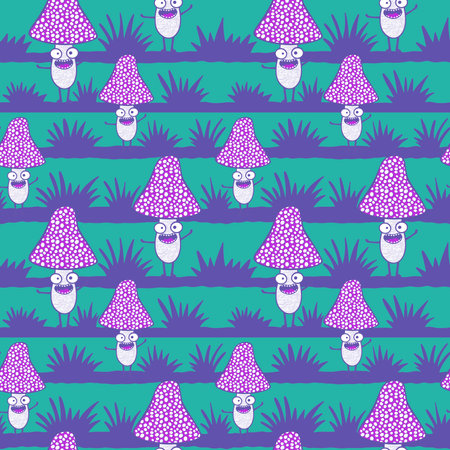 Cartoon autumn amanita seamless mushrooms pattern for Halloween wrapping paper and kids accessories and clothes print and study notebooks and fabrics. high quality illustrationの写真素材