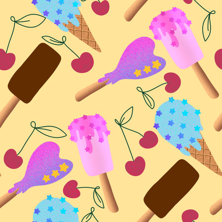 Summer cartoon food seamless kawaii stars ice cream pattern for wrapping paper and fabrics and linens and kids clothes print and festive packaging and kitchen textiles. high quality illustrationの写真素材