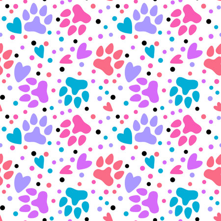 Cartoon animals seamless footprints dig and cat and polka dots and hearts pattern for wrapping paper and kids clothes print and festive packaging and kindergarten textiles. high quality illustrationの写真素材