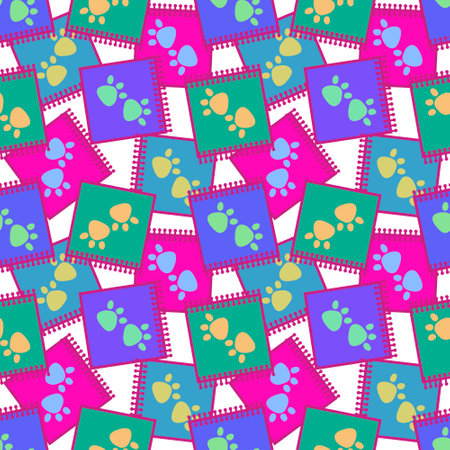 Cartoon animals seamless footprints dig and cat and polka dots and hearts pattern for wrapping paper...