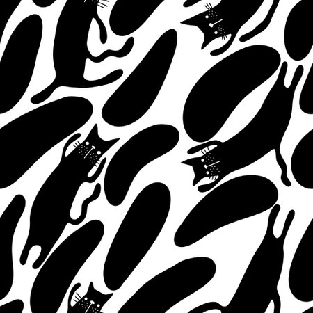 Halloween animals seamless black cats paint markers pattern for wrapping paper and fabrics and linens and kids clothes print. high quality illustrationの写真素材