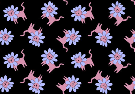 Halloween animals seamless flower cats paint markers pattern for wrapping paper and fabrics and linens and kids clothes print. high quality illustrationの写真素材