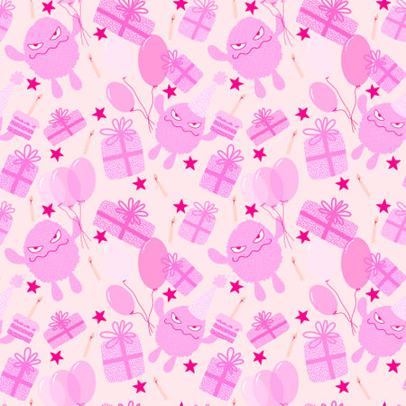 Cartoon monsters seamless birthday gift box and aliens and balloons pattern for wrapping paper and kids clothes print and fabrics and lines and festive packaging. high quality illustrationの写真素材