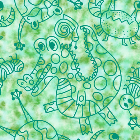 Cartoon doodle summer tropical animals seamless crocodile animals crabs and frogs animals caterpillars pattern for wrapping paper and kids clothes print and fabrics. high quality illustrationの写真素材