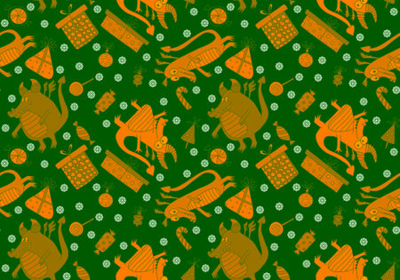 Cartoon dinosaur monsters seamless dragon pattern for wrapping paper and Christmas gift box and kids clothes print and festive packaging and linens and fabrics. high quality illustrationの写真素材