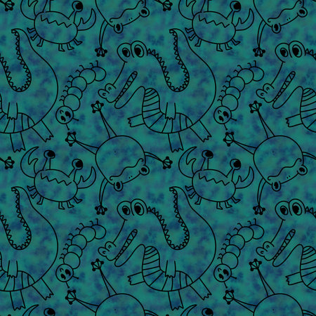 Cartoon doodle summer tropical animals seamless crocodile animals crabs and frogs animals caterpillars pattern for wrapping paper and kids clothes print and fabrics. high quality illustrationの写真素材