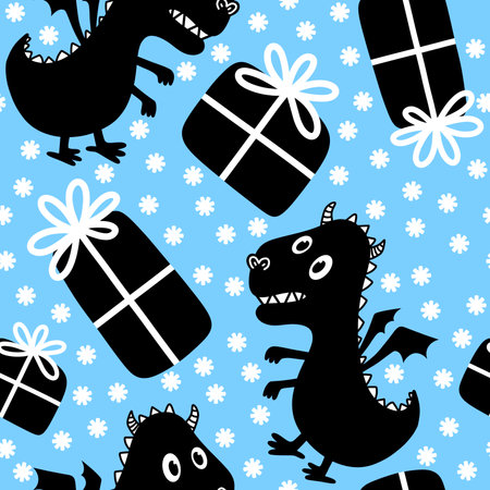 Cartoon dinosaur monsters seamless dragon pattern for wrapping paper and Christmas gift box and kids clothes print and festive packaging and linens and fabrics. high quality illustrationの写真素材
