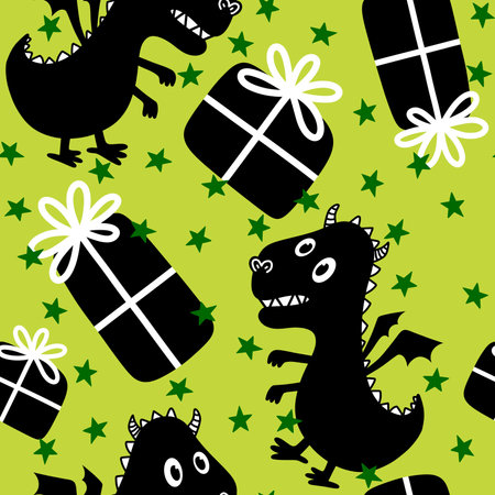 Cartoon dinosaur monsters seamless dragon pattern for wrapping paper and Christmas gift box and kids clothes print and festive packaging and linens and fabrics. high quality illustrationの写真素材