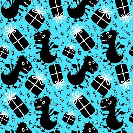 Cartoon dinosaur monsters seamless dragon pattern for wrapping paper and Christmas gift box and kids clothes print and festive packaging and linens and fabrics. high quality illustrationの写真素材