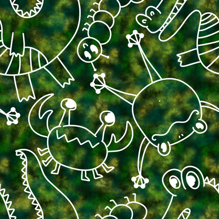 Cartoon doodle summer tropical animals seamless crocodile animals crabs and frogs animals caterpillars patternの写真素材