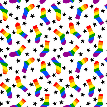 Cartoon rainbow pride month seamless socks pattern for fabrics and lines and wrapping paper and festive packaging. high quality illustrationの写真素材