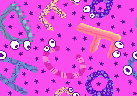 Cartoon English alphabet letters seamless monster with eyes pattern for kids clothes print and accessories and linens and fabrics and kindergarten textiles. high quality illustrationの写真素材