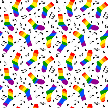 Cartoon rainbow pride month seamless socks pattern for fabrics and lines and wrapping paper and festive packaging. high quality illustrationの写真素材