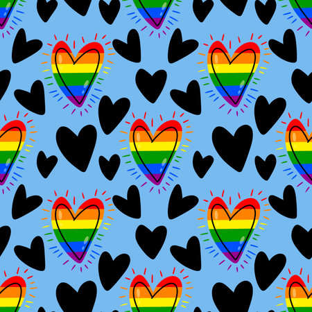 Cartoon rainbow pride seamless hearts pattern for wrapping paper and fabrics and linens and fashion print and festive textiles and valentines gift box. high quality illustrationの写真素材