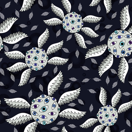 Angel with eyes and wings seamless cartoon Halloween monsters pattern for wrapping paper and fabrics and linens and festive packaging. high quality illustrationの写真素材