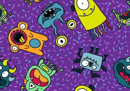 Cartoon monsters seamless emoticons aliens pattern for kids clothes print and wrapping paper and fabrics and linens and kindergarten. high quality illustrationの写真素材
