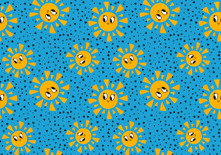 Retro summer cartoon seamless sun and rainbow and clouds pattern for wrapping paper and kids clothes printの写真素材