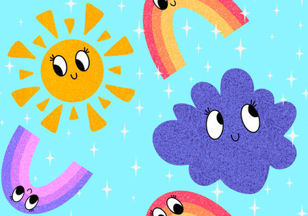 Retro summer cartoon seamless sun and rainbow and clouds pattern for wrapping paper and kids clothes print and fabrics and lines. high quality illustrationの写真素材
