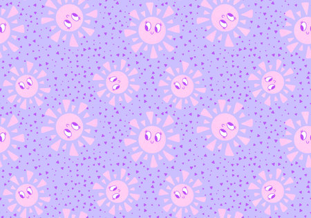 Retro summer cartoon seamless sun and rainbow and clouds pattern for wrapping paper and kids clothes print and fabrics and lines. high quality illustrationの写真素材