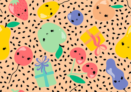 Summer cartoon fruit seamless apples and cherry and peaches and plums and pears pattern for birthday gifts and wrapping paper and fabrics and linens and kids clothes print. high quality illustrationの写真素材