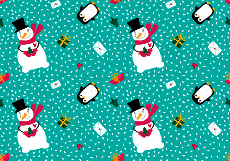 Christmas snowman seamless penguin and gifts box and letters pattern for wrapping paper and linens and fabrics and kids clothes print and festive packaging. high quality illustrationの写真素材