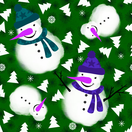 Winter seamless snowman and snowflakes pattern for Christmas wrapping paper and kids notebooks and accessories and fabrics. high quality illustrationの写真素材