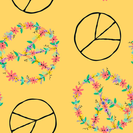 Summer cartoon seamless peace sign and flower pattern for wrapping paper and fabrics and linens and kids clothes print and festive packaging and fashion textiles. high quality illustrationの写真素材