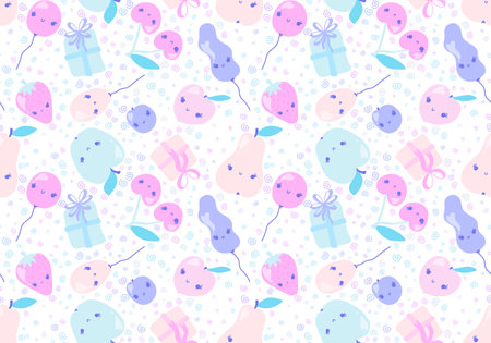 Summer cartoon fruit seamless apples and cherry and peaches and plums and pears pattern for birthday gifts and wrapping paper and fabrics and linens and kids clothes print. high quality illustrationの写真素材