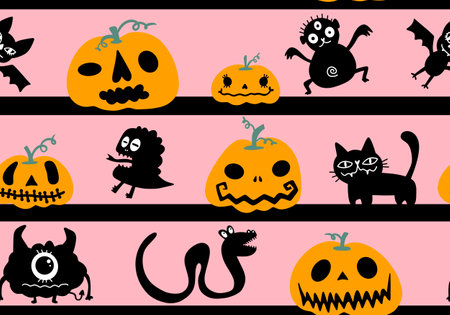 Halloween pumpkins seamless ghost and bones and cat pattern for wrapping paper and linens and fabrics and kids clothes print and autumn accessories. high quality illustrationの写真素材