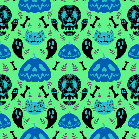 Halloween pumpkins seamless ghost and bones and cat pattern for wrapping paper and linens and fabrics and kids clothes print and autumn accessories. high quality illustrationの写真素材
