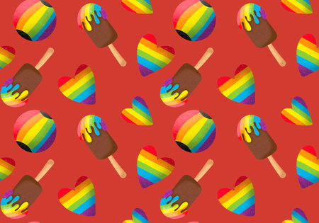 Cartoon summer rainbow seamless ice cream and hearts and ball pattern for wrapping paper and fabrics and linens and kids clothes print and festive accessories and packaging. high quality illustrationの写真素材