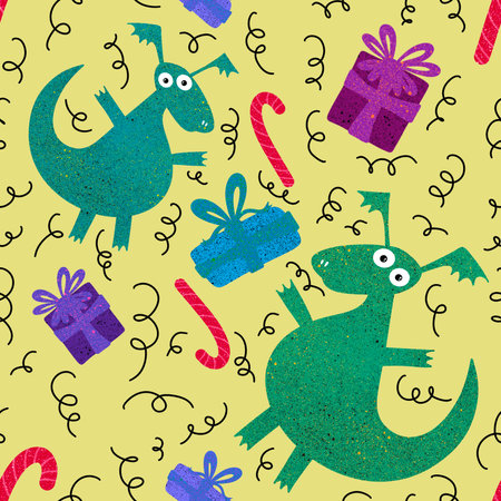 Cartoon dinosaur monsters seamless dragon pattern for wrapping paper and Christmas gift box and kids clothes print and festive packaging and linens and fabrics. high quality illustrationの写真素材