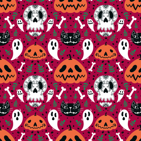 Halloween pumpkins seamless ghost and bones and cat pattern for wrapping paper and linens and fabrics and kids clothes print and autumn accessories. high quality illustrationの写真素材