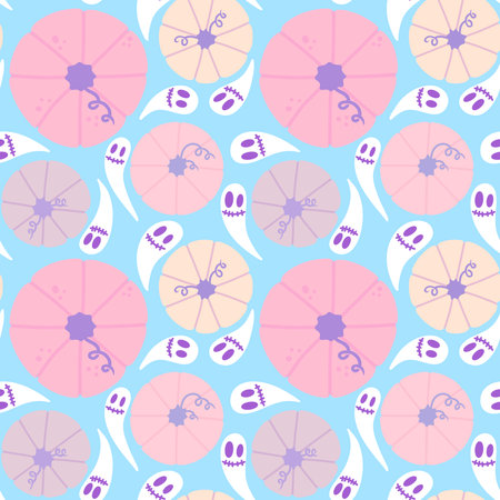 Cartoon autumn harvest seamless Halloween pumpkins pattern for wrapping paper and fabrics and linens and kids clothes print and festive packaging and kitchen accessories. high quality illustrationの写真素材